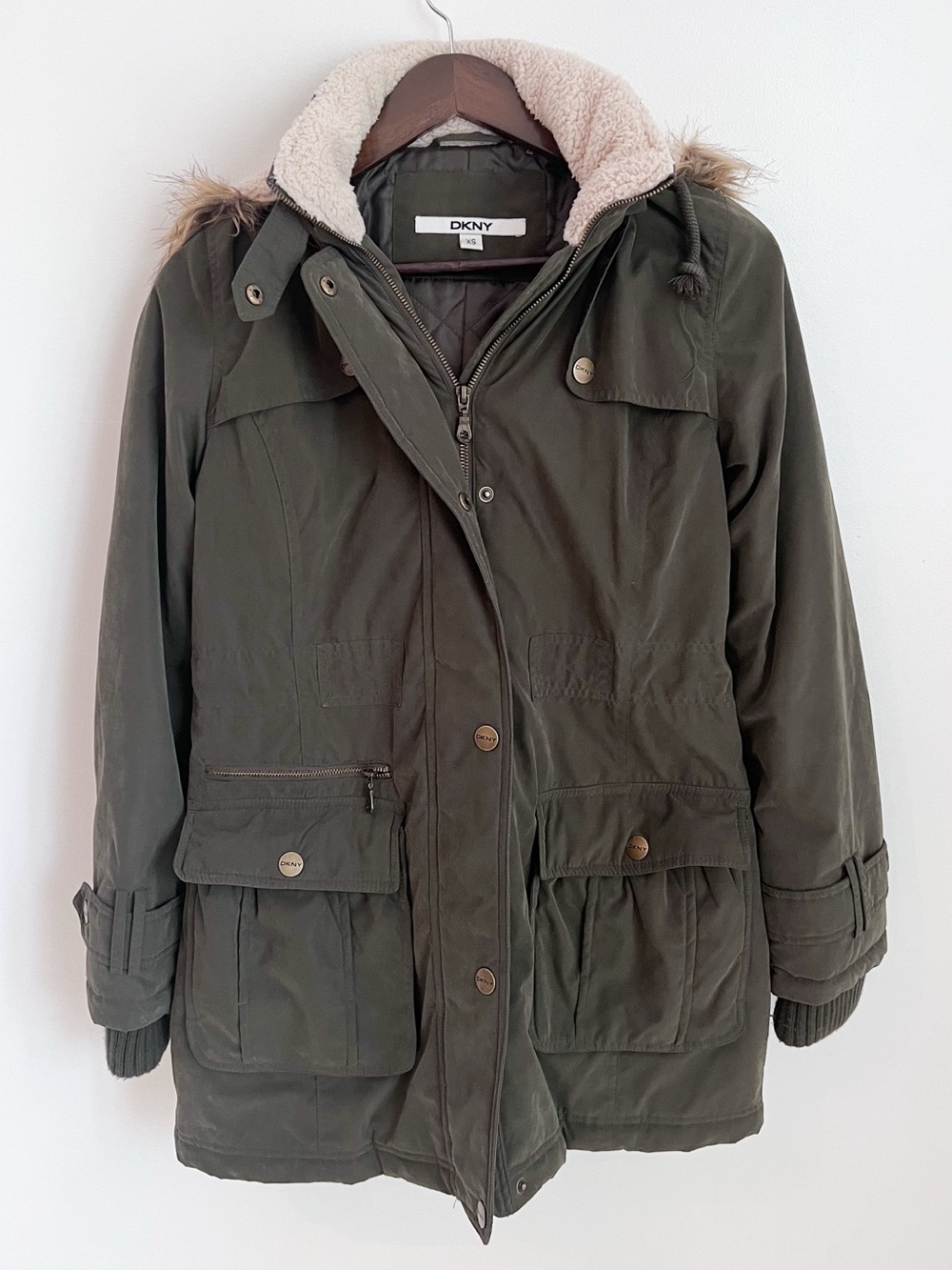 DKNY Olive Green Puffer Parka with Faux Fur Trim
